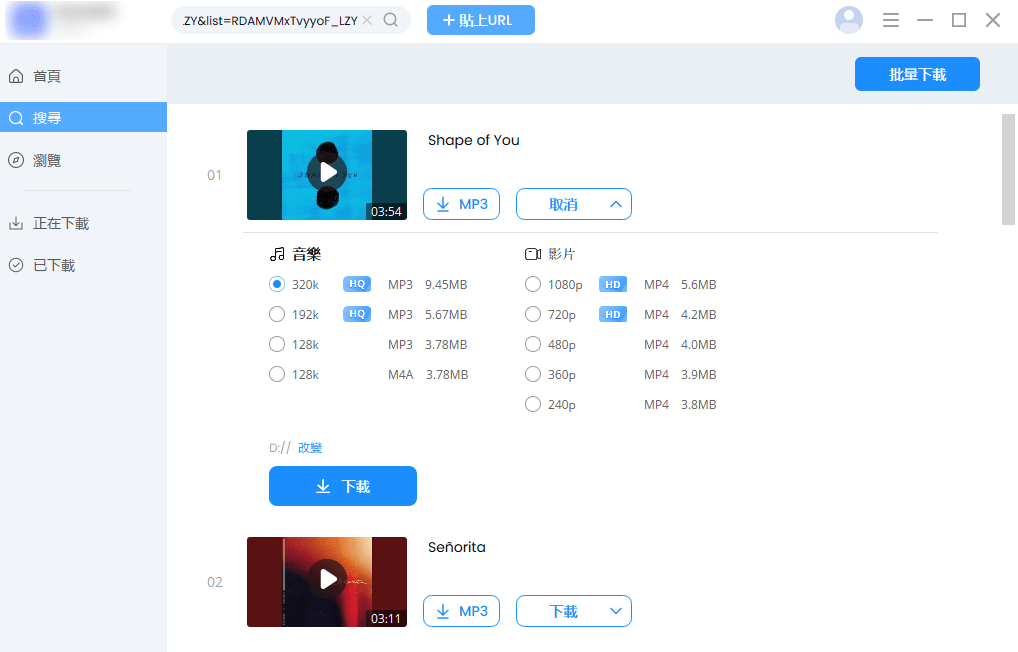 選擇下載格式與解析度